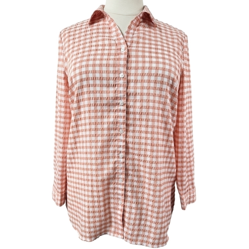 Chico's Coral Gingham Seersucker Button Front Tunic Crinkle Texture Picnic